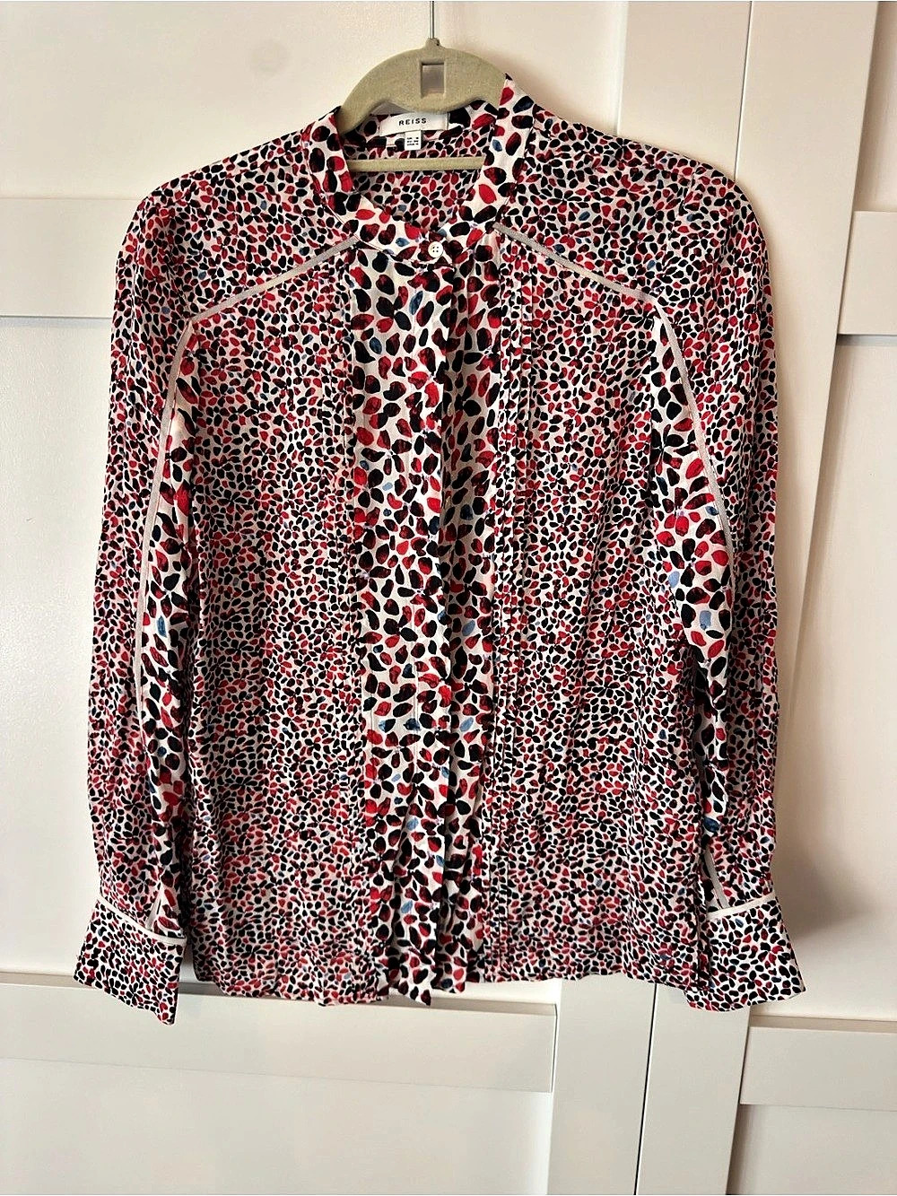 Reiss Petal Print Button Down Blouse in Red & Black US Size 4